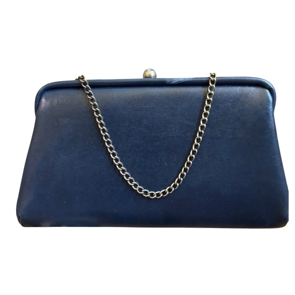 Vintage Clutch Purse Small Navy Blue Faux Leather Kiss Lock Chain Strap 1960s